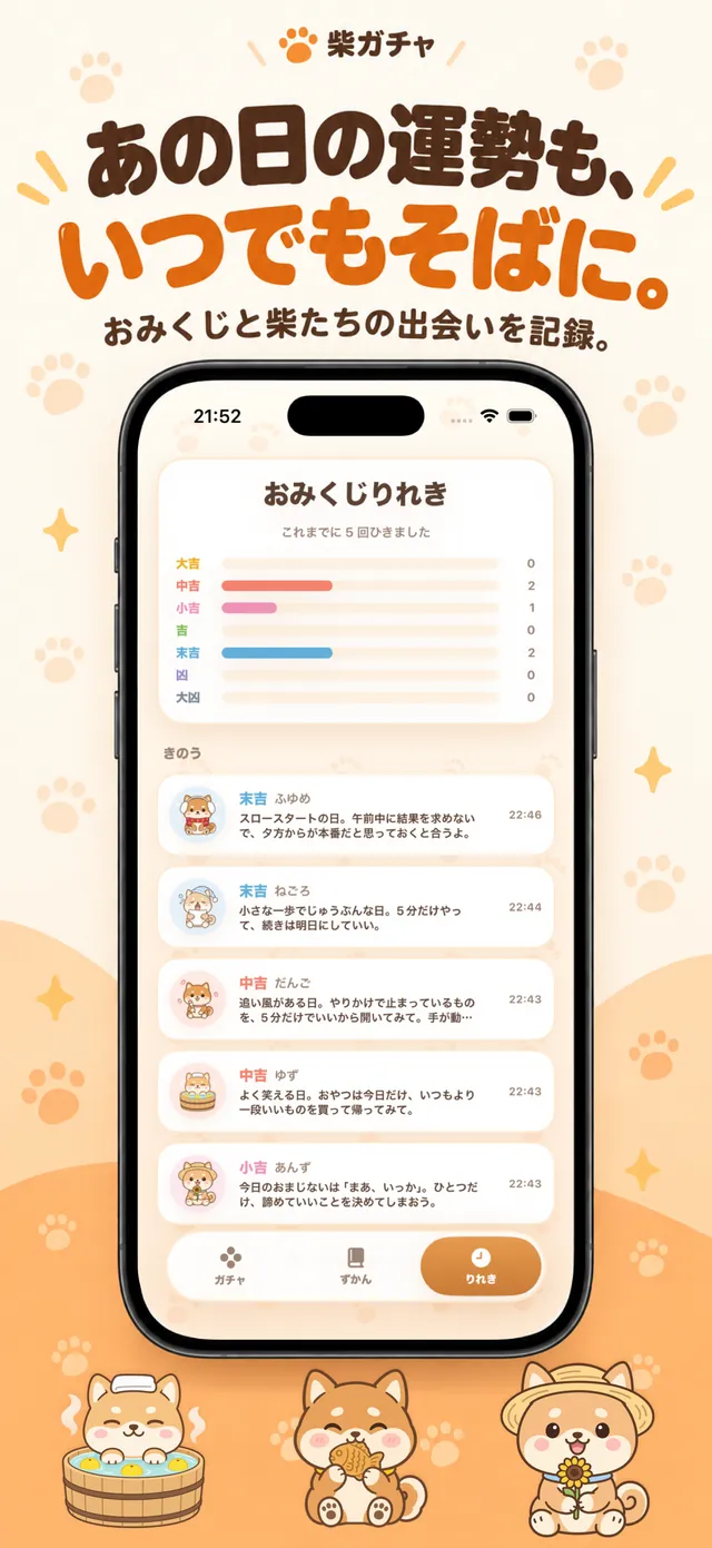 りれき画面。これまでにひいたおみくじが日付順に並んでいる